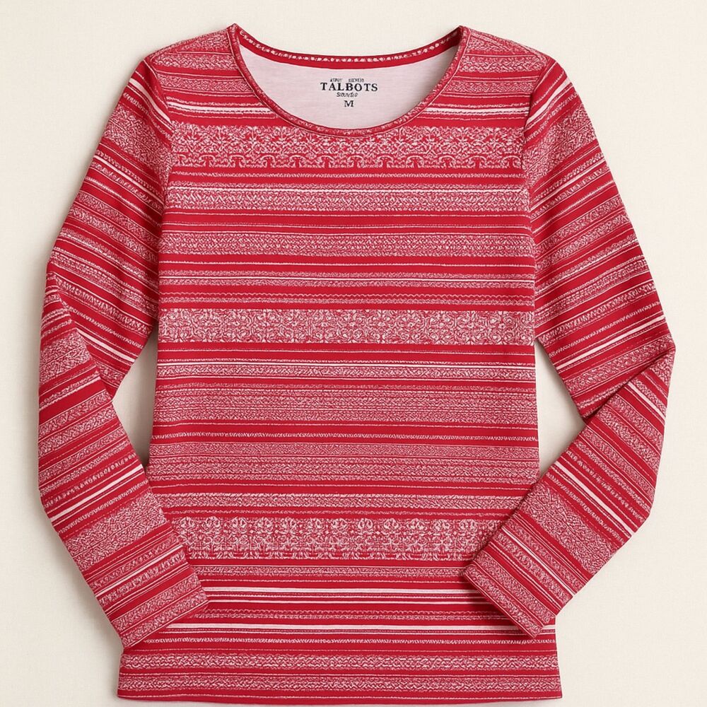 Talbots Women M Christmas Fair Isle Red Long Sleeve Shirt Holiday Winter Cotton